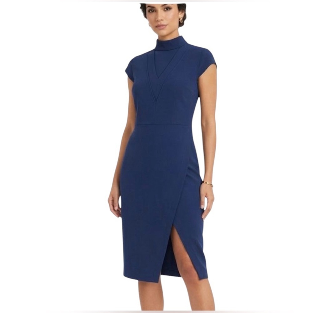 Cotelac Cap-Sleeve Mock Neck Midi Dress In Blue